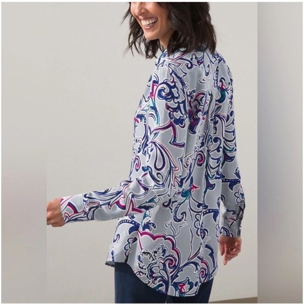 NWT Chicos Sand Wash Satin Paisley Button Down‎ Long Sleeve Shirt Womens Sz 2 L
